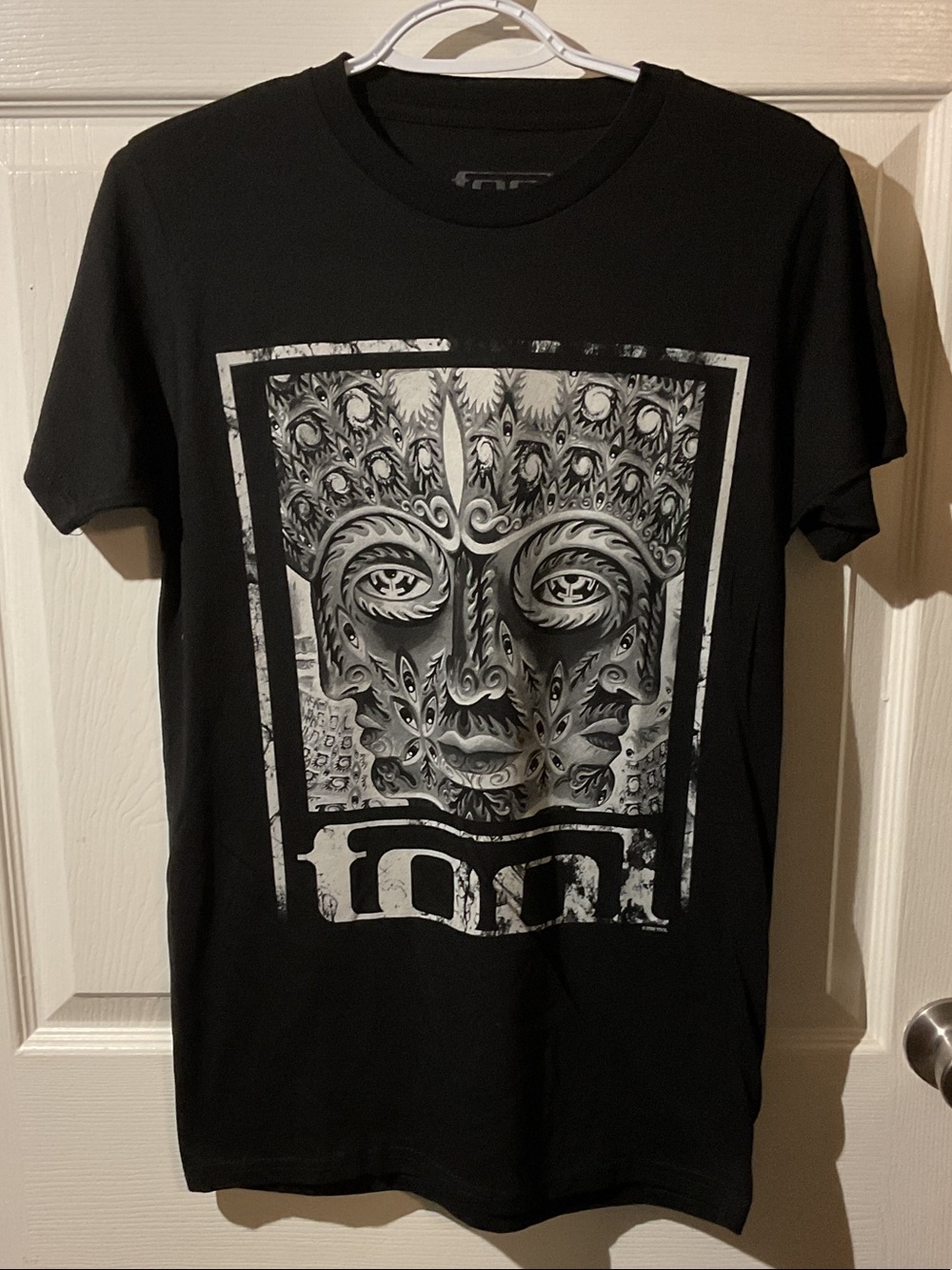 Tool Black Graphic Band Tee with Stylized Mask Print and Arm Hit